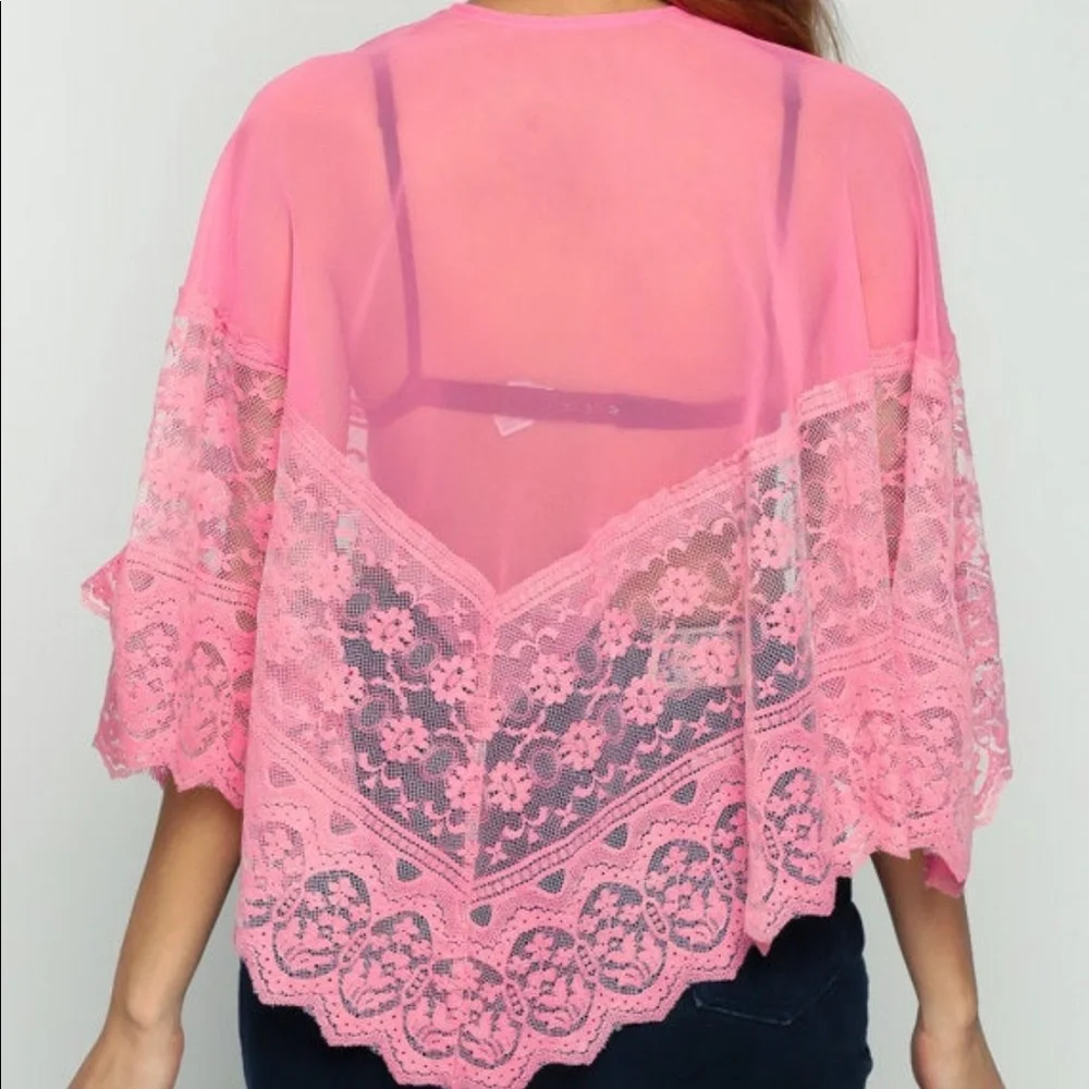 Lace Shawl Hippie Poncho 70s SHEER Cape Pink Chiffon Vintage Small Medium - Picture 5 of 5